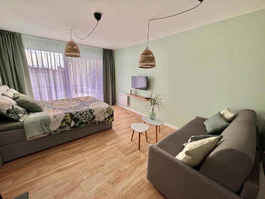 - un salon avec un canapé et un lit dans l'établissement Studio MANI, à Ostende
