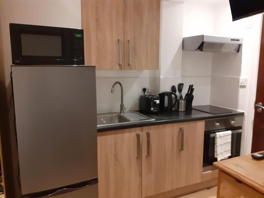 a kitchen with a sink and a microwave at Cosy Studio Flat in London