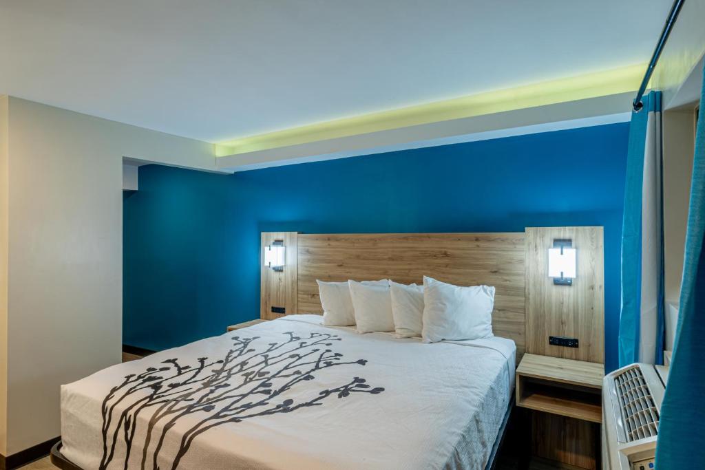 Exclusivo Inn and Suites Near Arlington Stadium في غراند براري: غرفة نوم بحائط ازرق وسرير