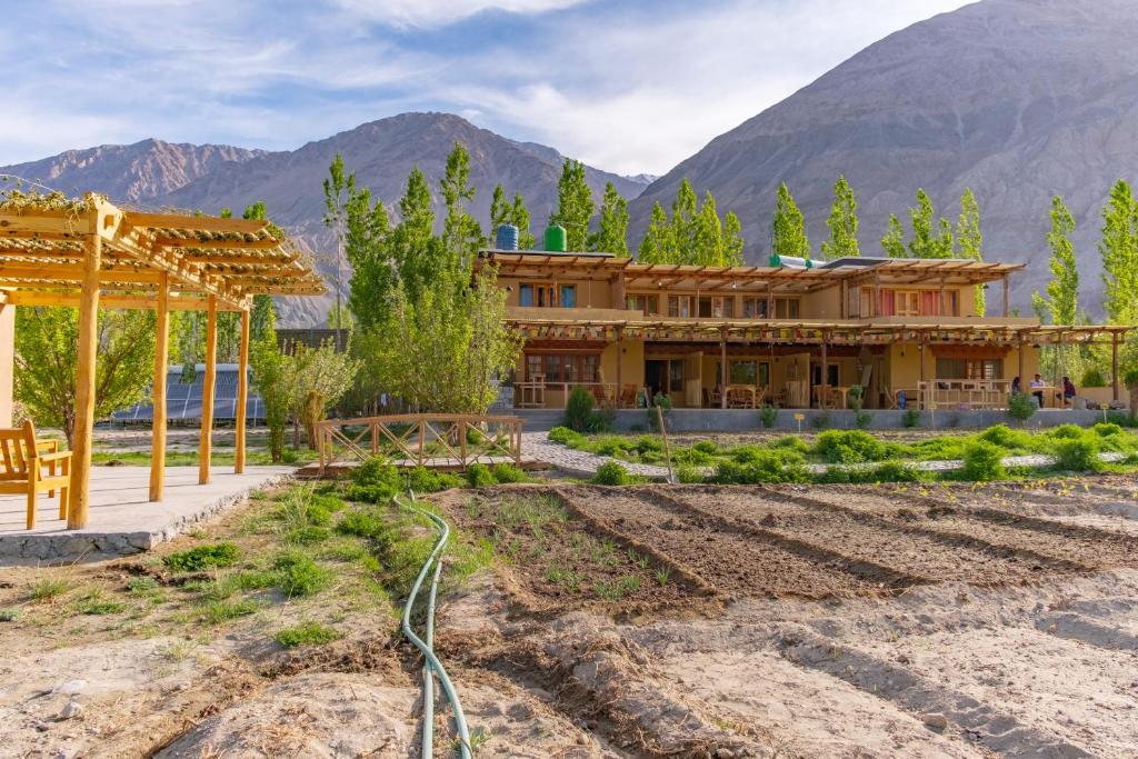 a house in the mountains with a garden at Nubra Ecolodge in Liekzan