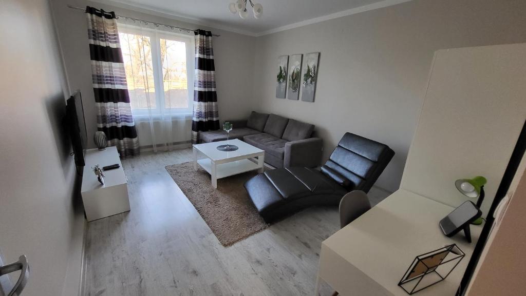 a living room with a couch and a table at Apartamenty Motyl in Żywiec