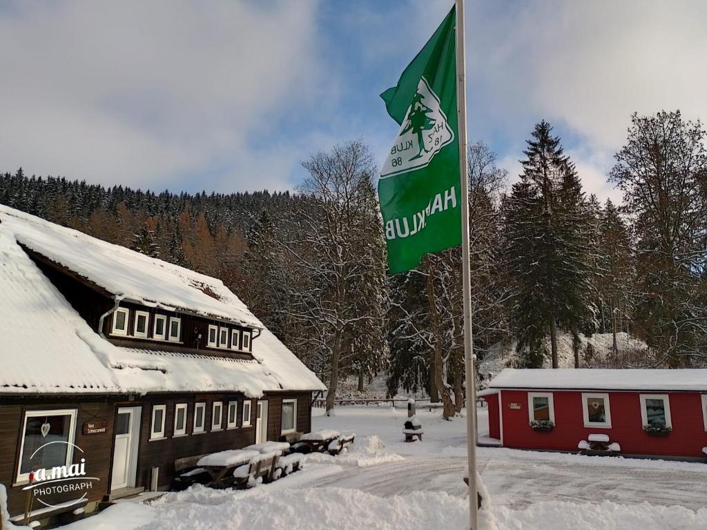een vlag in de sneeuw voor een lodge bij Harzklub Wanderheim in Wildemann
