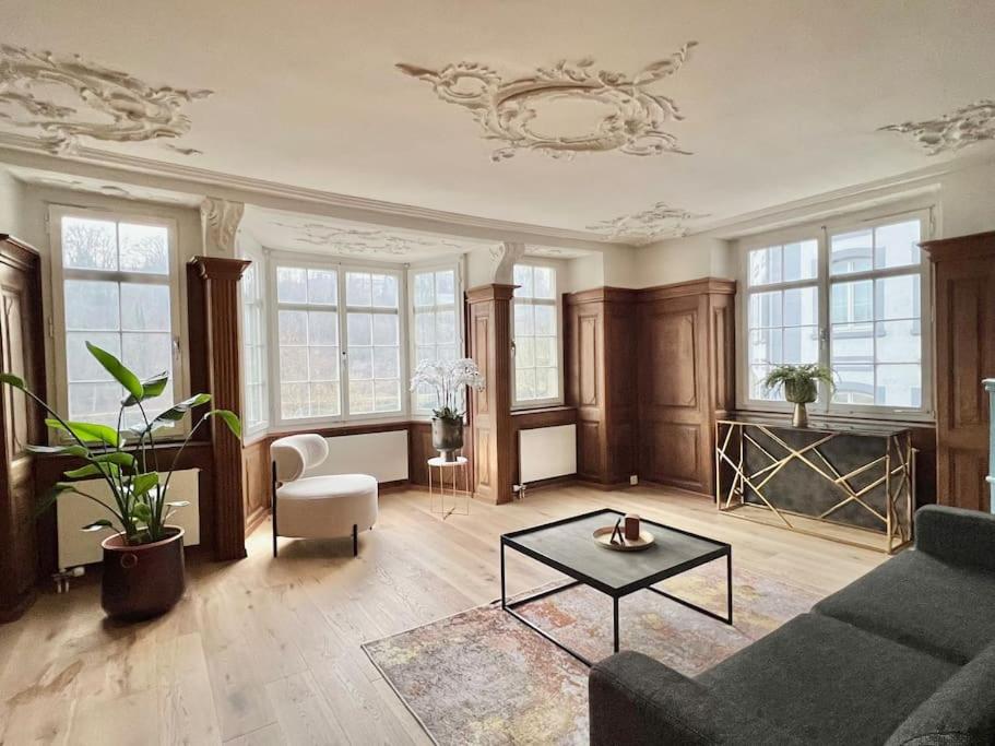 a living room with a couch and a table at The R Apartment Randen in Schaffhausen