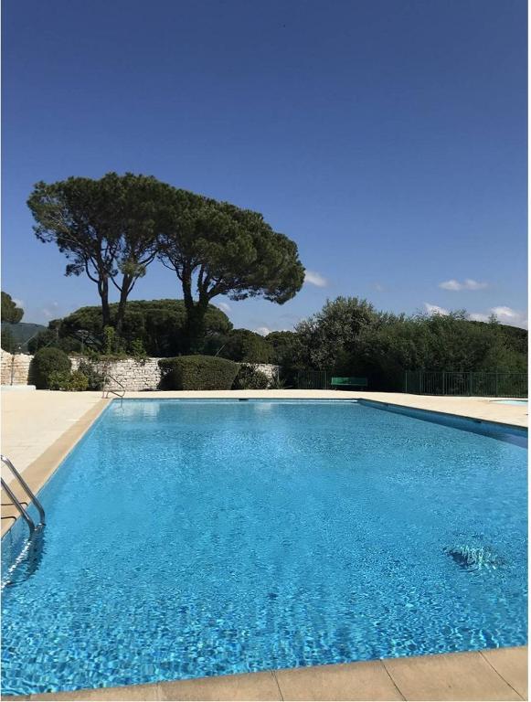 une piscine bleue avec un arbre en arrière-plan dans l'établissement GASJOU - Golfe de St-Tropez - Gassin - Mazet pour 6 personnes dans domaine avec piscine et tennis, à Gassin