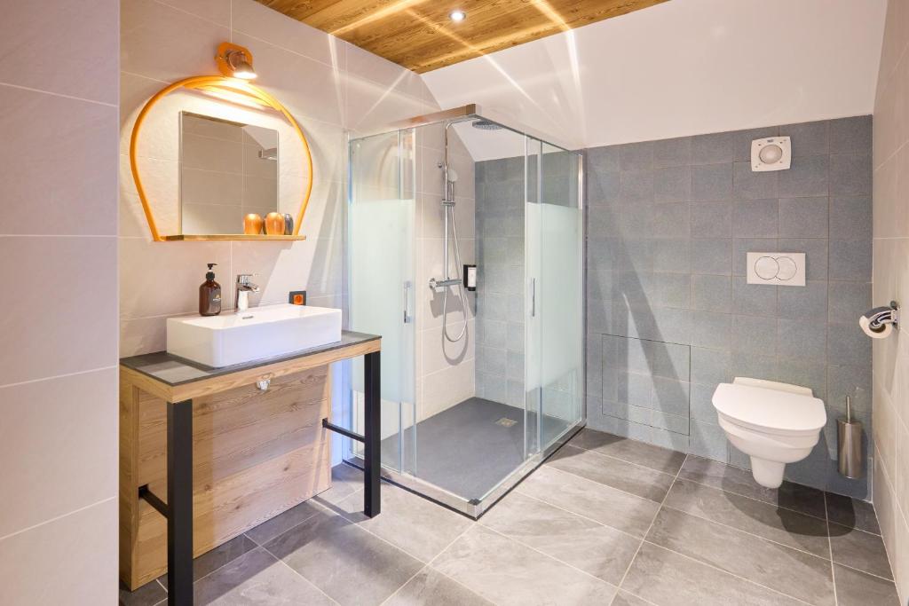 a bathroom with a shower and a sink and a toilet at Hotel Base Camp Lodge - Albertville in Albertville