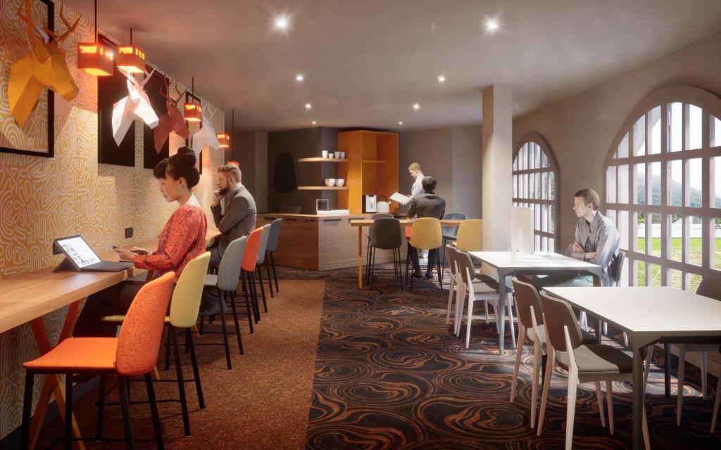 a rendering of a restaurant with people sitting at tables at Hotel Base Camp Lodge - Albertville in Albertville