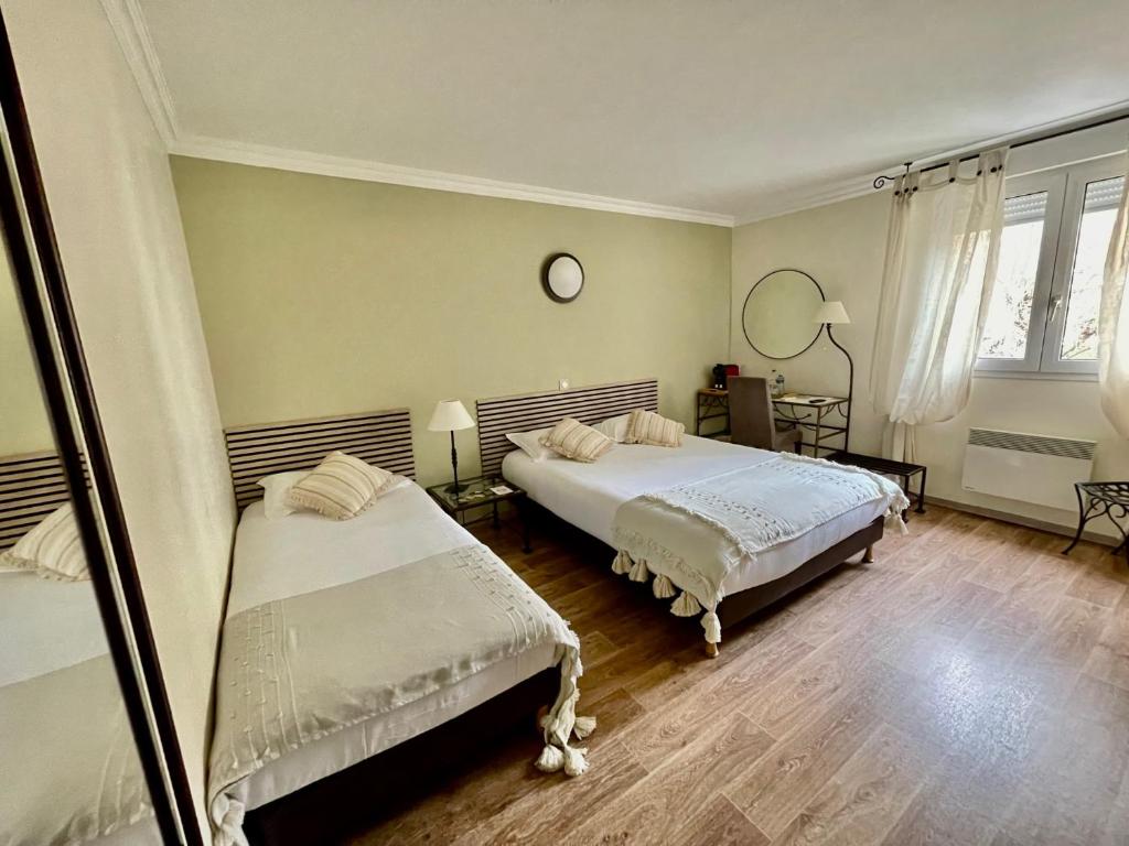 a bedroom with two beds and a mirror at Hôtel Ulysse Montpellier Centre in Montpellier