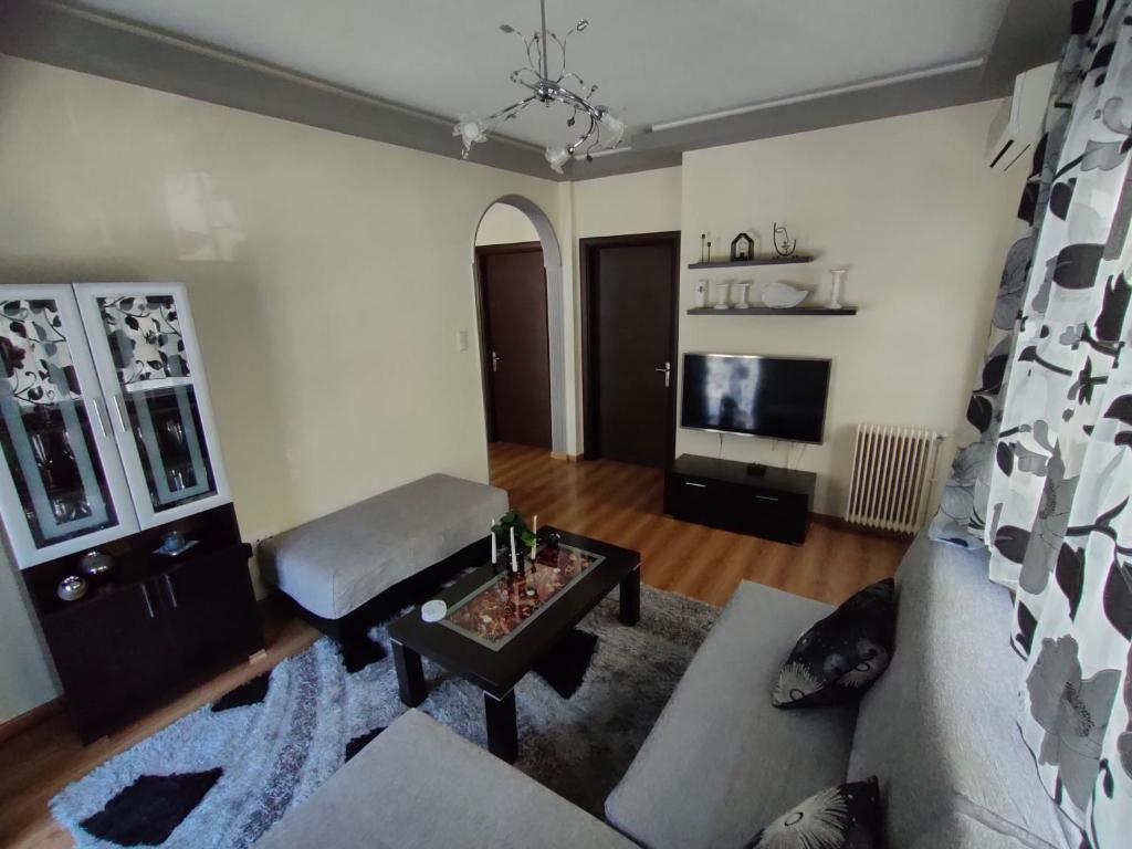 sala de estar con sofá y TV en Σε κεντρικό δρόμο της πόλης, en Kastoria