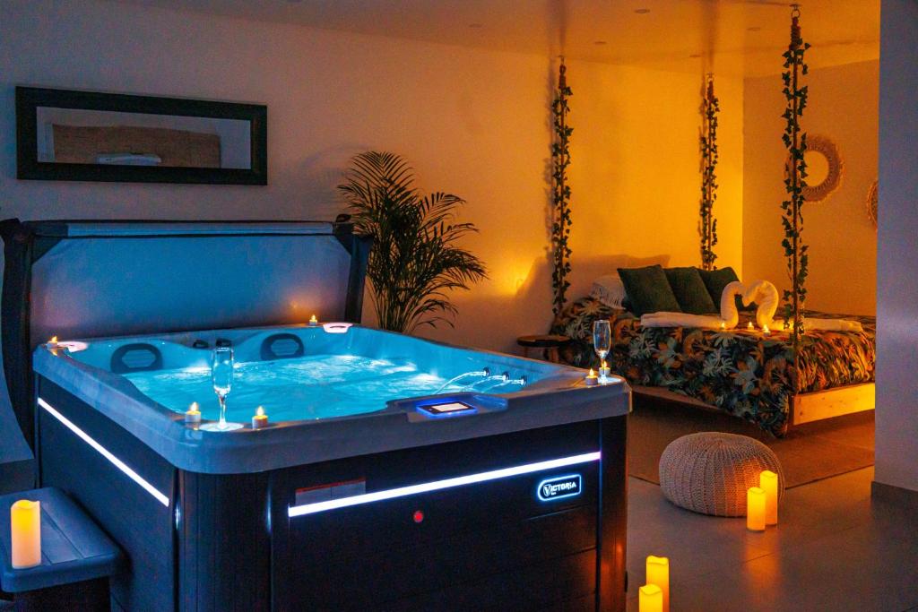 a room with a tub in the middle of a living room at Gîte-Spa Nature in Urschenheim