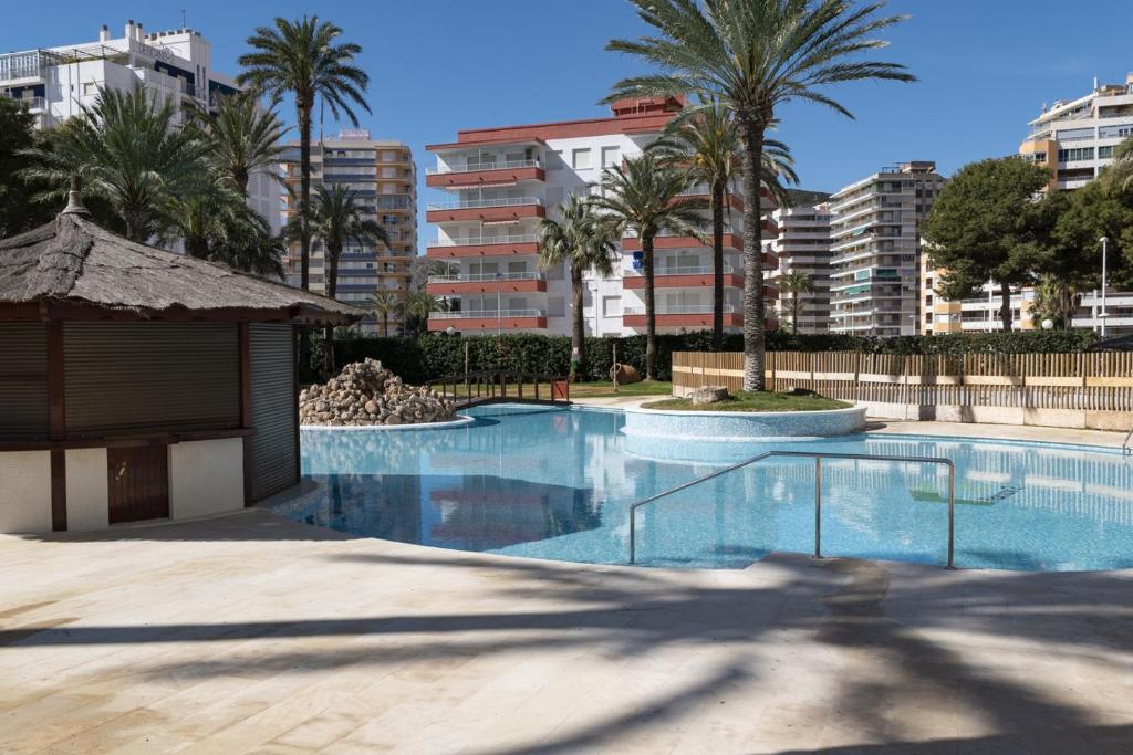 una gran piscina con palmeras y edificios en Florazar 2, Vi-1-B, en Cullera