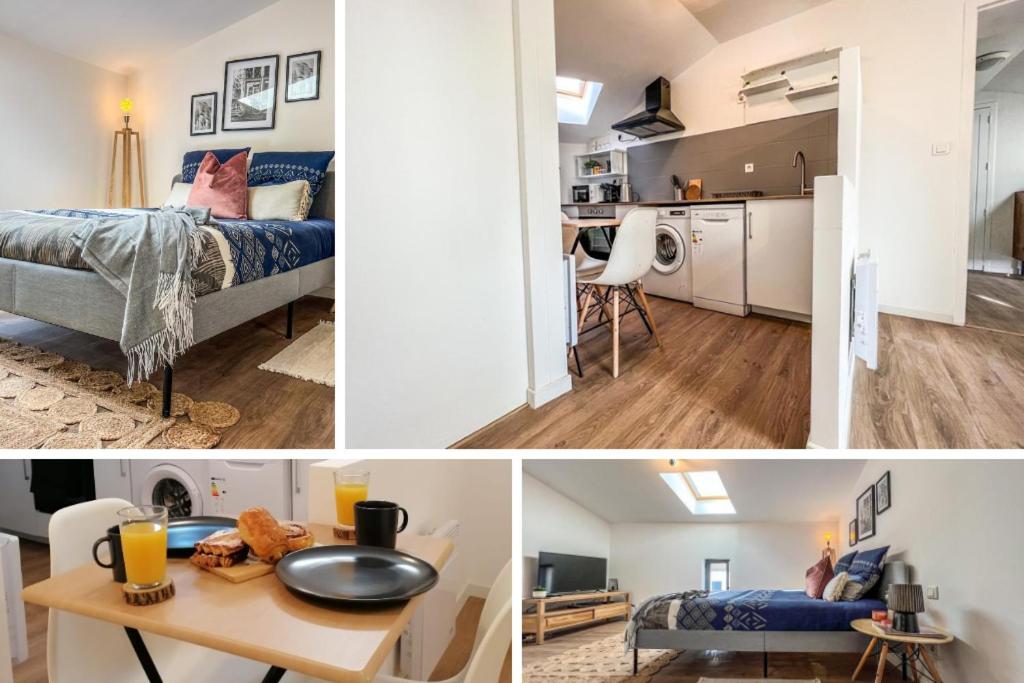 un collage de fotos de un dormitorio y una sala de estar en Le Gite 4 - Charmant studio 30m2, idéal professionnels, 10min GOLFECH, en Malause