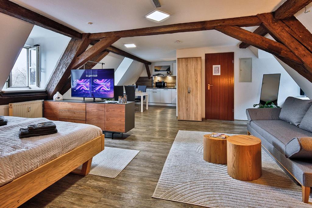 a large living room with a couch and a tv at LK1 top Lage Innenstadtapartment in Nürnberg