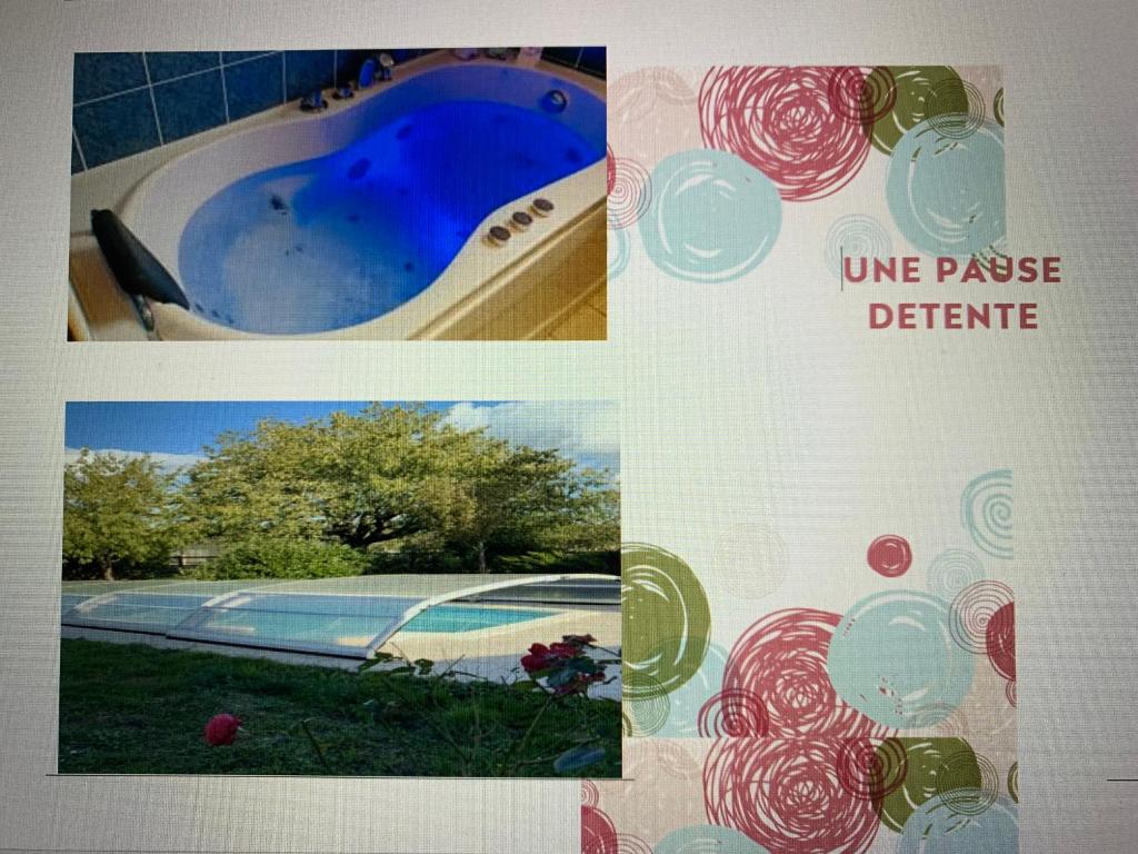 un collage de cuatro fotos de una bañera en Villa avec balneo, piscine, véranda et garage en Avermes