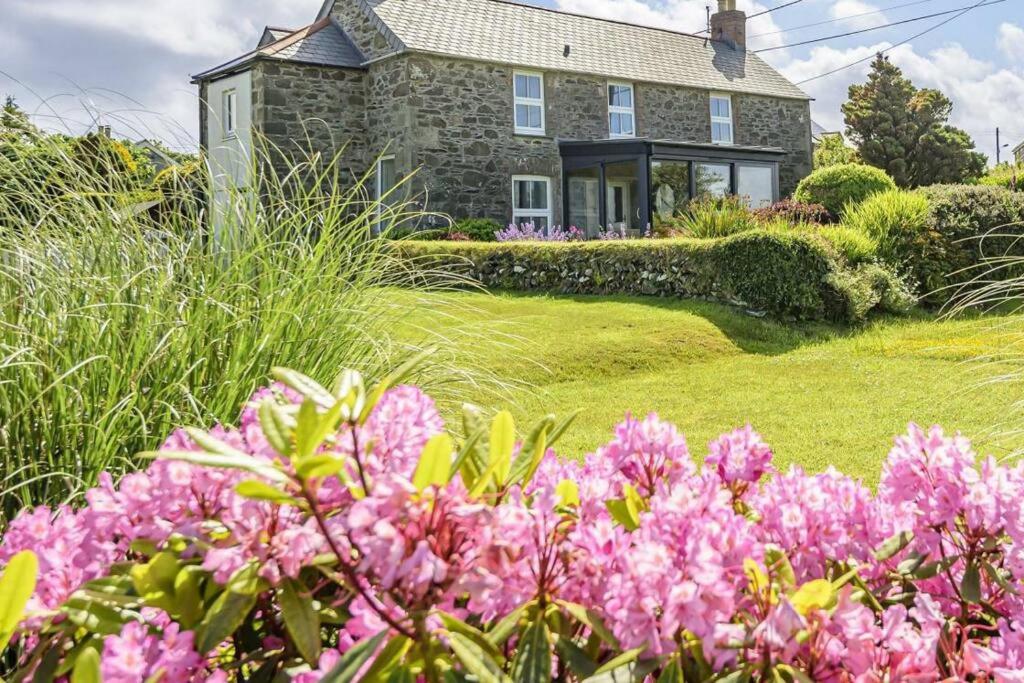 a house with pink flowers in front of it at Beautiful family home, sea views, large garden in Port Isaac