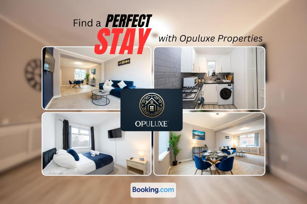 a collage of photos of a living room and a apartment at Luxurious & Spacious 2 Bedroom Home By Opuluxe Properties Short Lets & Serviced Accommodation Near Manchester City Center in Manchester