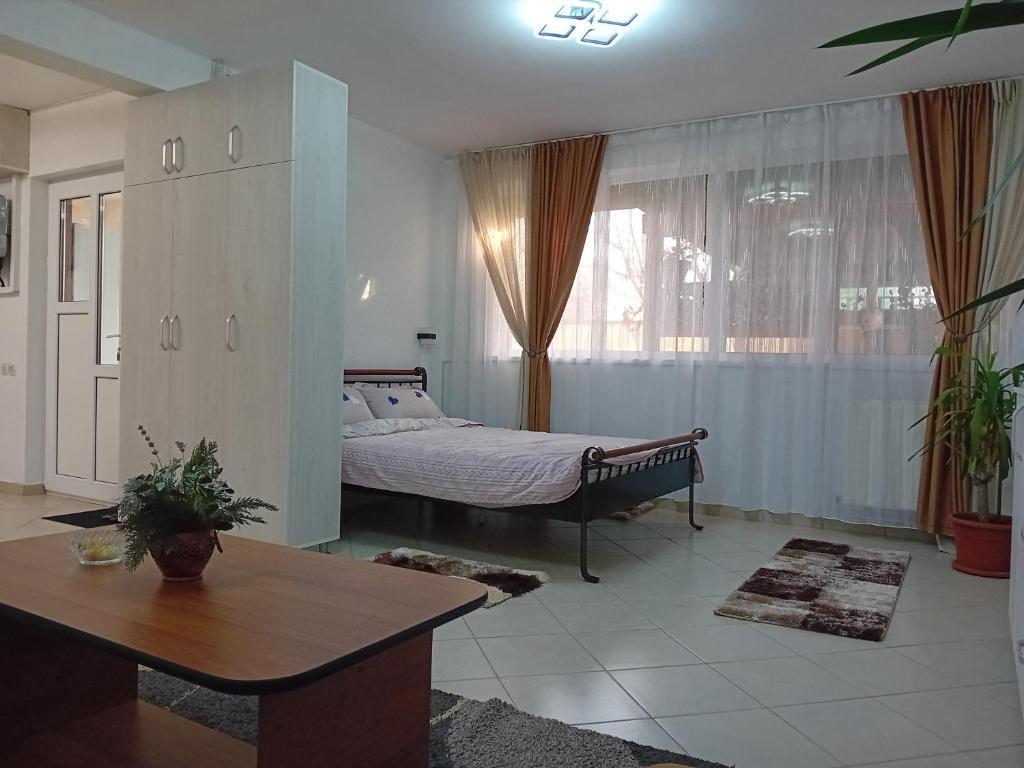 Un dormitorio con una cama y una mesa. en Casa Daria en Râmnicu Vâlcea