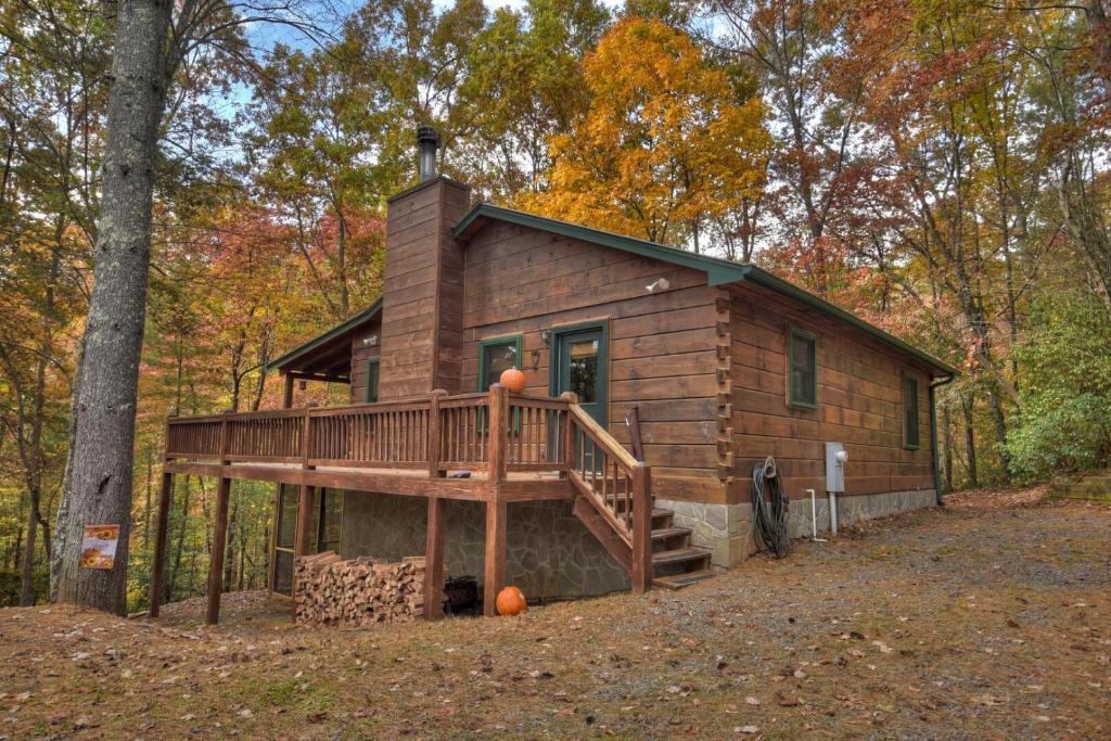 a cabin in the woods with a large deck at Papa Bear's Den in Cherry Log