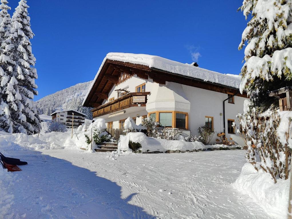 a house covered in snow with trees in front of it at Sonnenbichl in Berwang