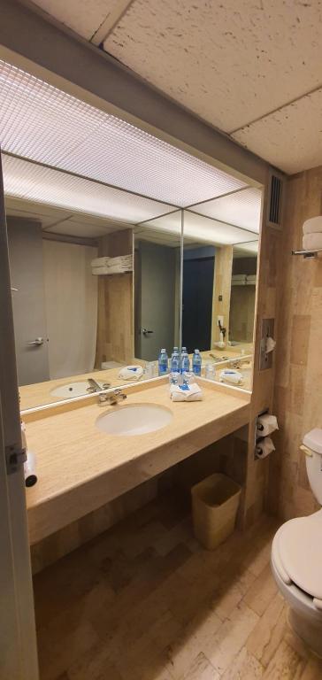 A compact bathroom vanity with a wide mirrored wall and toilet beside it.