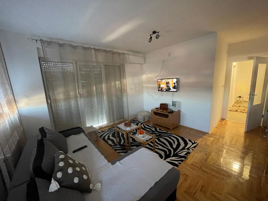 uma sala de estar com um sofá e um tapete de zebra em Ilić dvosoban apartman em Ub