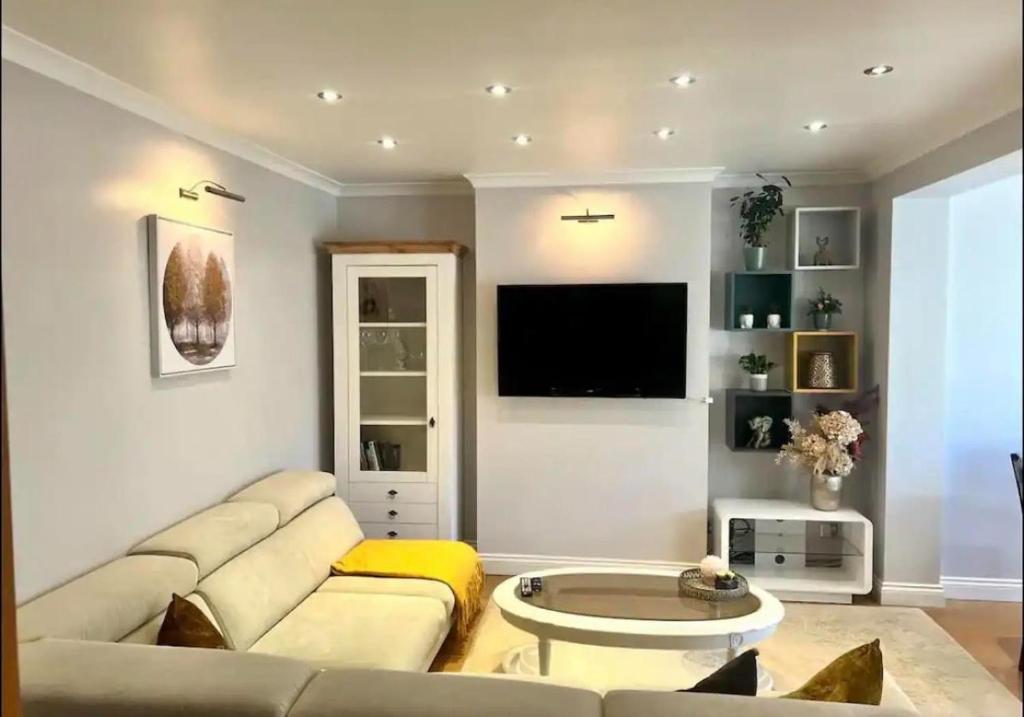 een woonkamer met een bank en een flatscreen-tv bij Gorgeous One Bedroom Apartment with Jacuzzi bath in Hither Green