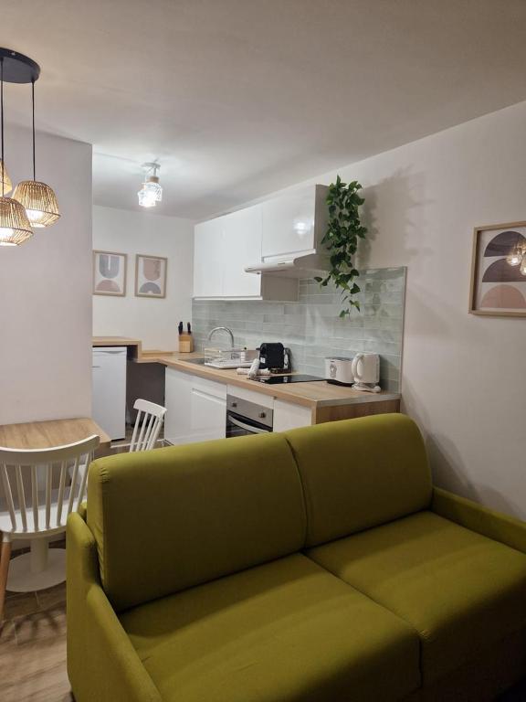un salon avec un canapé vert dans une cuisine dans l'établissement Studio cosy près de la Croisette, à Cannes