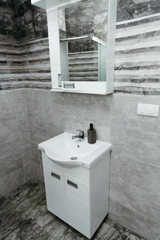 un bagno con un lavandino bianco e uno specchio di Apartman Silver room a Sombor