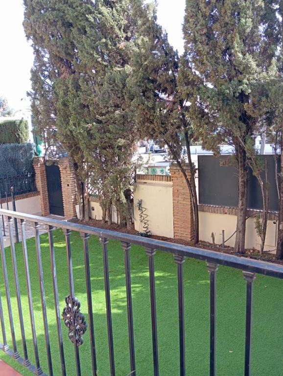 a wrought iron fence with green grass and trees at El Diez de Sultana in Granada