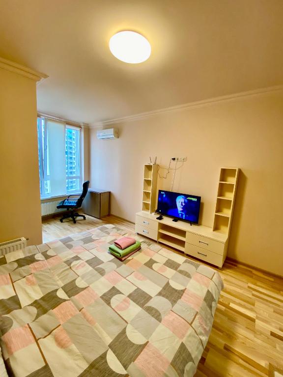 Televízia a/alebo spoločenská miestnosť v ubytovaní Затишна квартира в ЖК Каховська, метро Лівобережна, МВЦ
