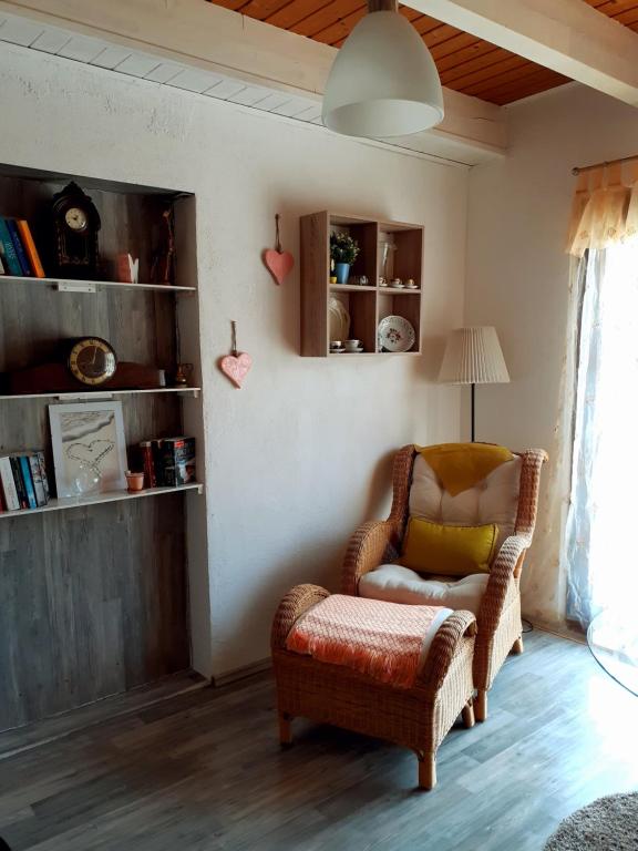 a living room with a chair and a book shelf at Ferienwohnung Bodensee in Hohenfels