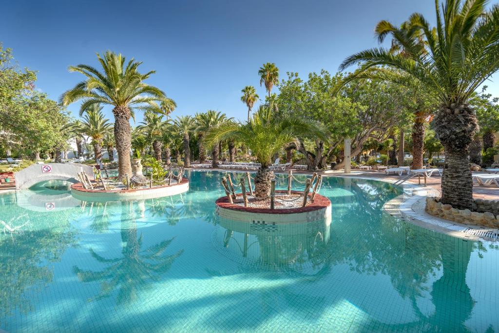 uma piscina com palmeiras num resort em Mediterranee Hammamet- Families and Couples Only em Hammamet