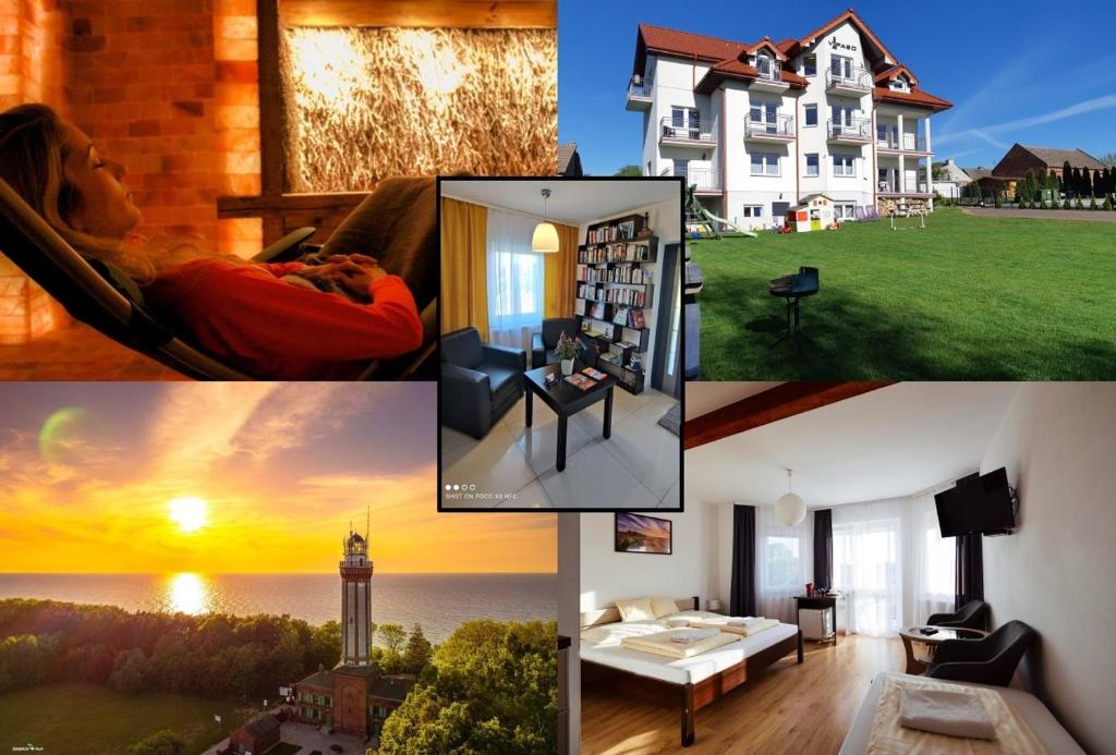 a collage of pictures of a house and a lighthouse at VIPABO SolneSPA - Sauna, Grota Solna, Łaźnia parowa in Niechorze