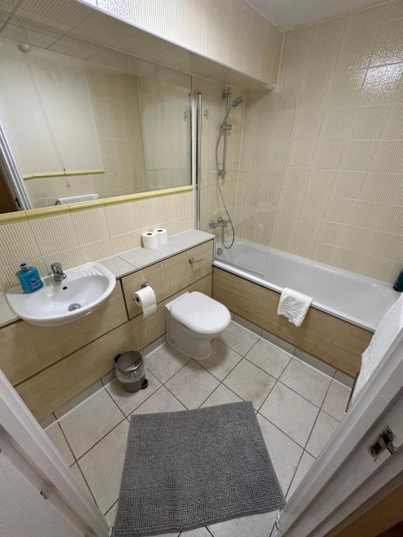 a bathroom with a sink and a toilet and a tub at Fitzroy Royale Apart- London in London
