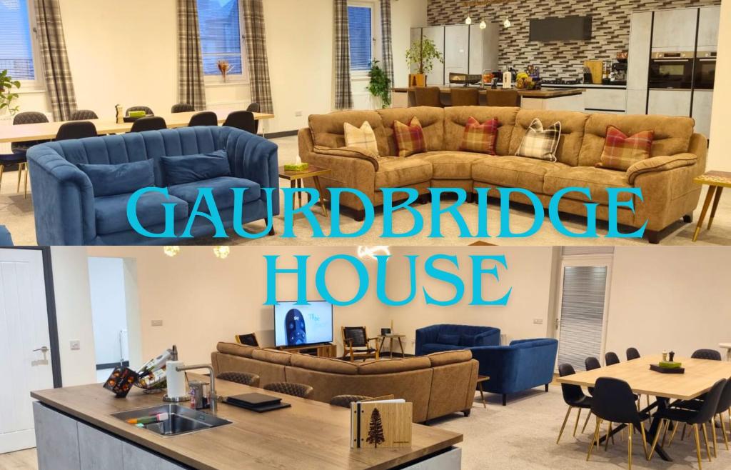 een woonkamer met banken en een tafel bij Guardbridge House, Spacious Inside and Out, Golfer and Groups Favourite, 5 Beds, 2 Superking en suites, 3 Kingsize rooms, Bathroom & WC, Fully Equipped Kitchen, FREE Parking for 4 Large Vehicles, 10 mins to St Andrews, 15 mins to Dundee, BBQ in Balmullo