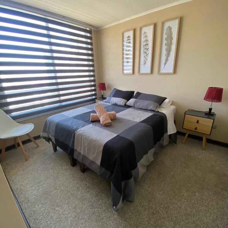 1 dormitorio con 1 cama grande frente a una ventana en Apartamento Barcelona Miró N&A, en Santiago