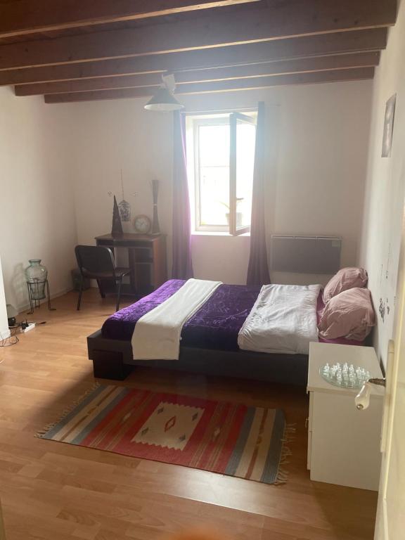 een slaapkamer met een bed en een raam bij chambre violette coté aéroport calme charmante in Pusignan