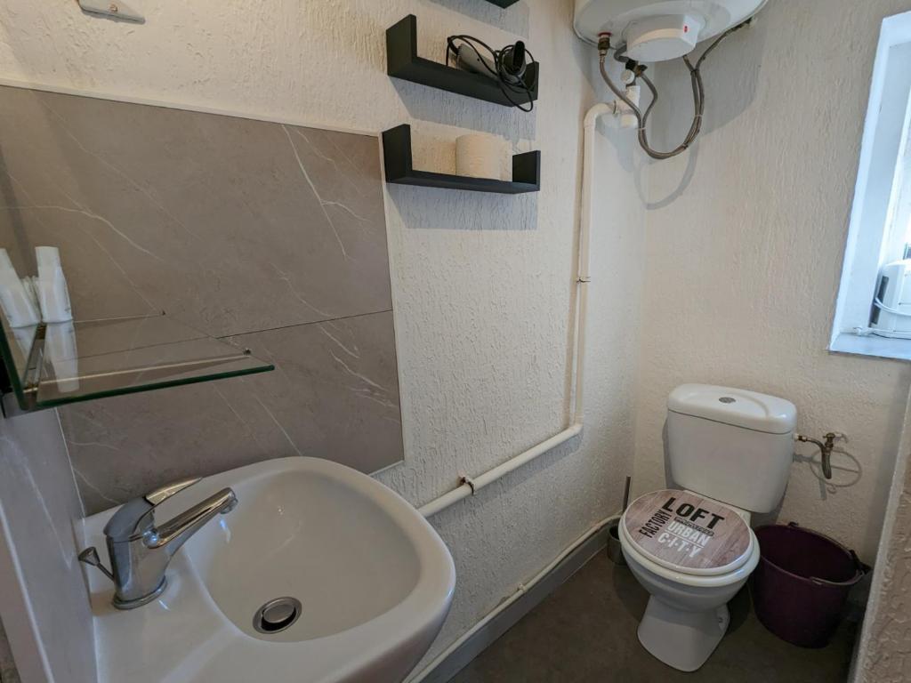 a small bathroom with a sink and a toilet at STUDIO avec PARKING TOUT A PIED et CALME in Bandol