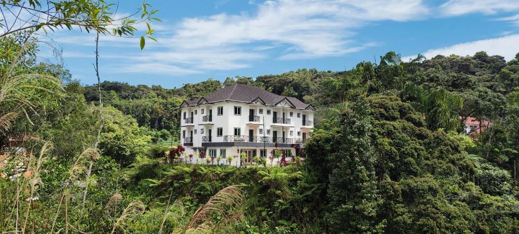 a large white house in the middle of the forest at Rovers Inn Guest House in Tanah Rata