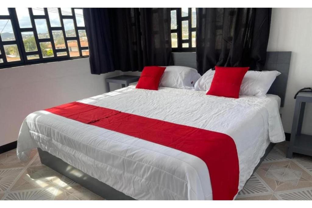 a bedroom with a large bed with red pillows at OYO Hotel Puerta Sur in Comitán