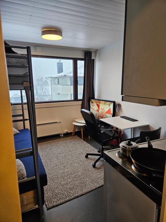 a small room with a kitchen and a bunk bed at Trivelig studioleilighet på byåsen med treningsrom, uteareal og parkering in Trondheim