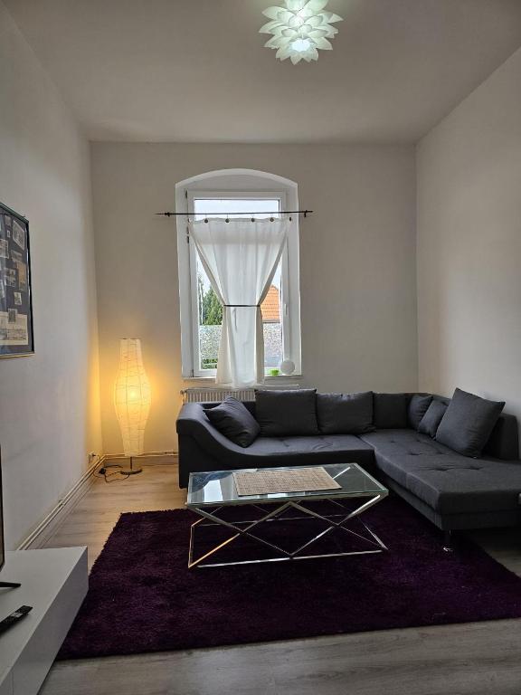 a living room with a couch and a window at Ap 3- 51qm bei Oschersleben und Helmstedt in Ausleben