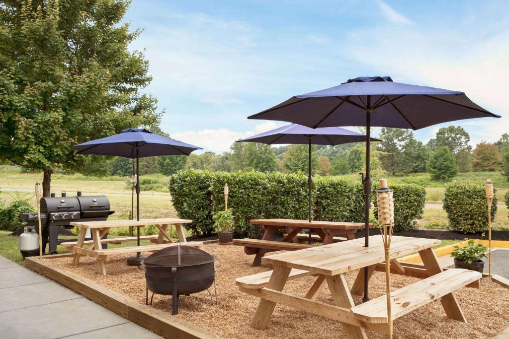 a group of picnic tables with umbrellas and a grill at Microtel Inn & Suites by Wyndham Culpeper in Culpeper