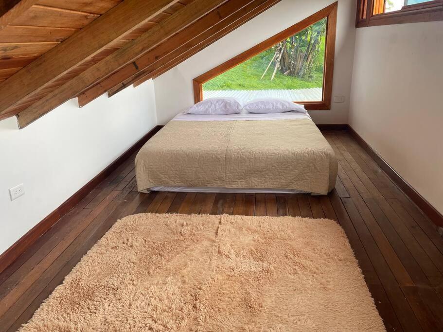 1 dormitorio con 1 cama con ventana y alfombra en Cabaña CAPRI Eje Cafetero, en Circasia