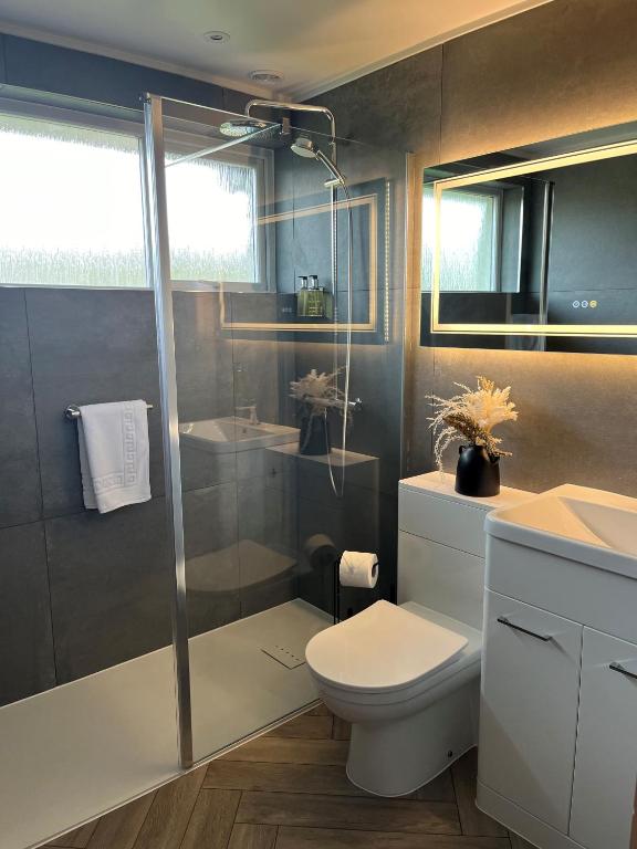 a bathroom with a shower and a toilet and a sink at The Pines Hotel in Swanage