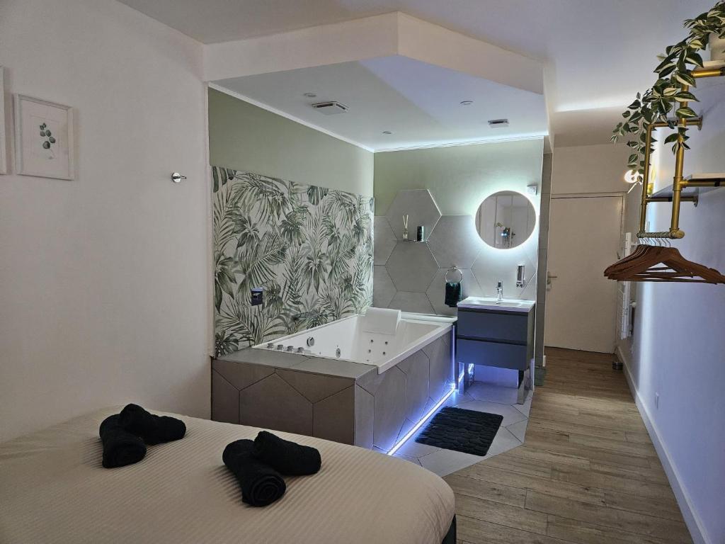 a large bathroom with a tub and a bed at Suite romantique tropicale in Vienne
