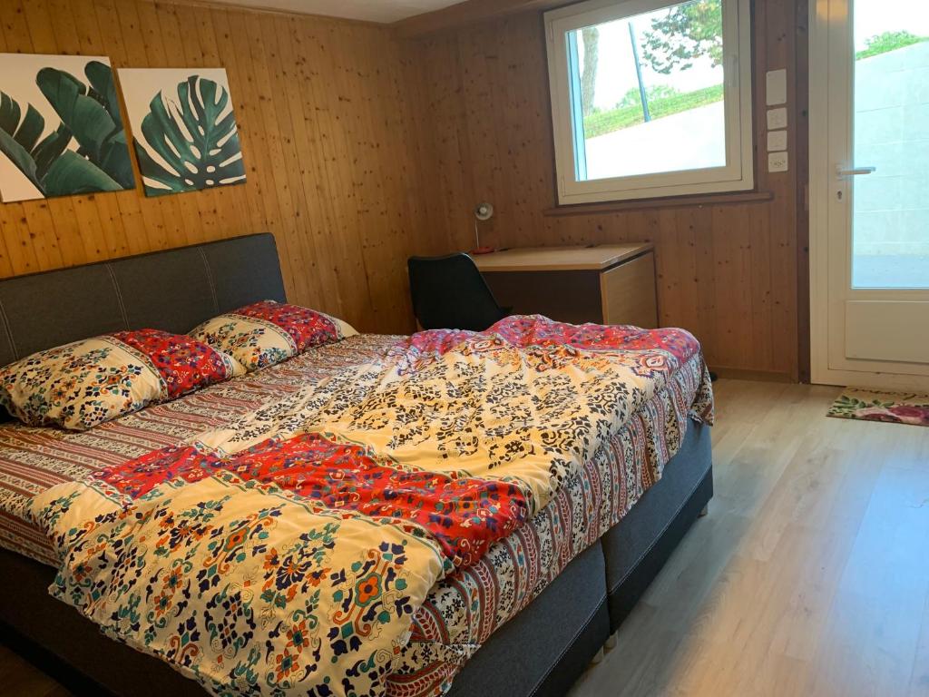 1 dormitorio con cama con edredón y ventana en Apartment near Geneva Airport and Palexpo en Ginebra