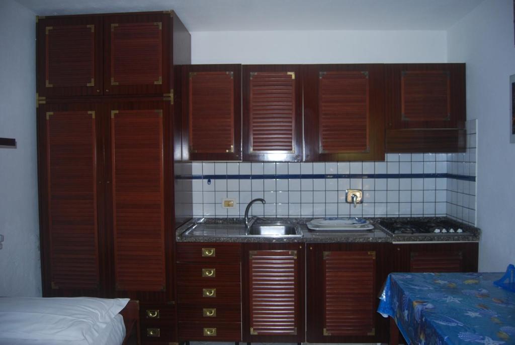 kuchnia z drewnianymi szafkami i zlewem w obiekcie Residence Mandel 2 by Mandel Club w mieście Capoliveri