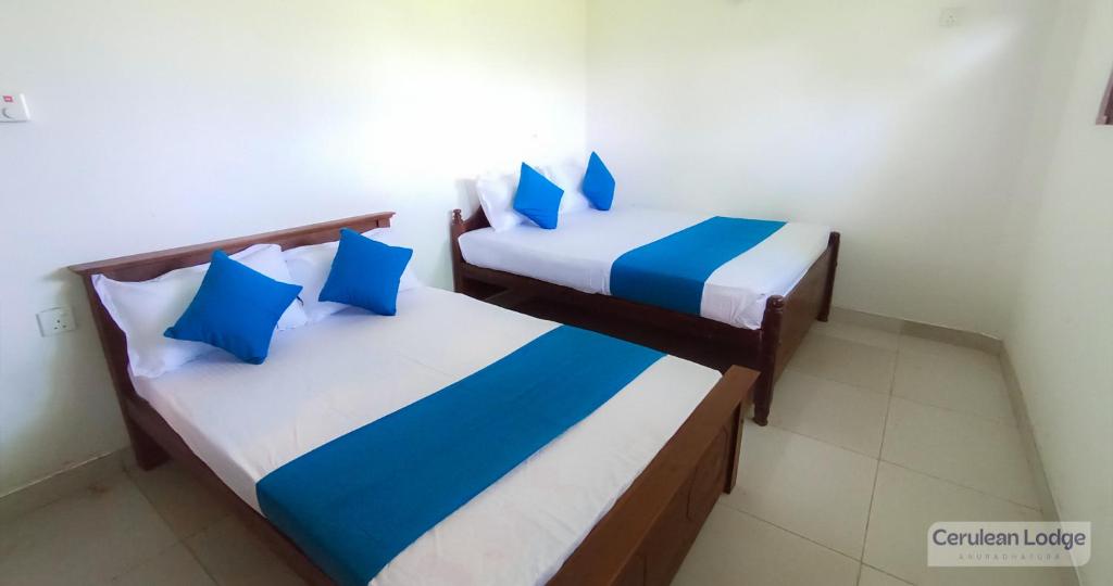 2 Betten in einem Zimmer mit blauen und weißen Kissen in der Unterkunft cerulean Lodge in Anuradhapura
