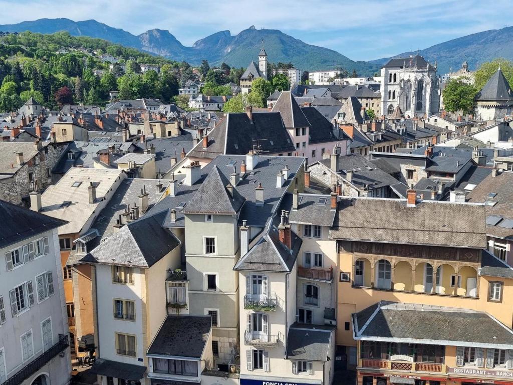 ein Stadtbild einer Stadt mit Bergen im Hintergrund in der Unterkunft Modhumita in Chambéry
