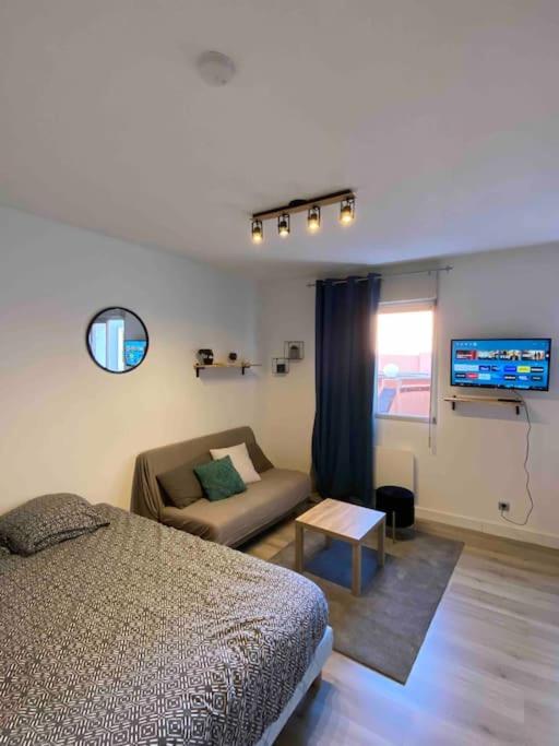 une chambre avec un lit et un canapé dans l'établissement Le Jean Jaurès Studio cosy Parking, à Toulouse